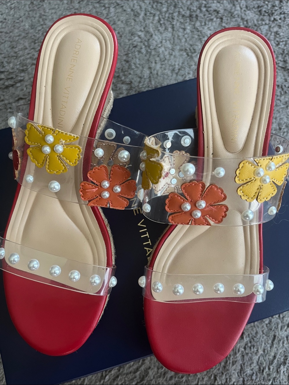 Adrienne Vittadini Red and Yellow Floral Pearl Wedge Slides